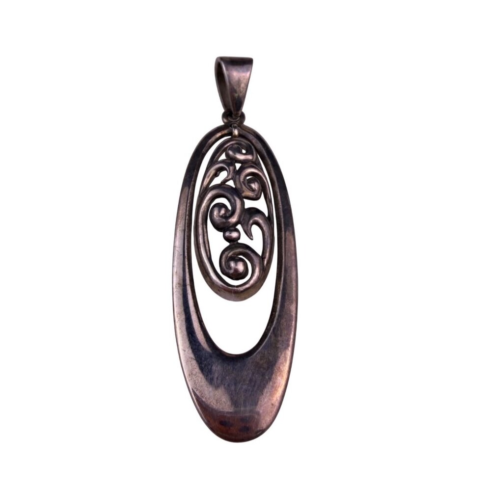 Oval Italian Sterling Silver Pendant 925 Intricate Filigree Wave Patter